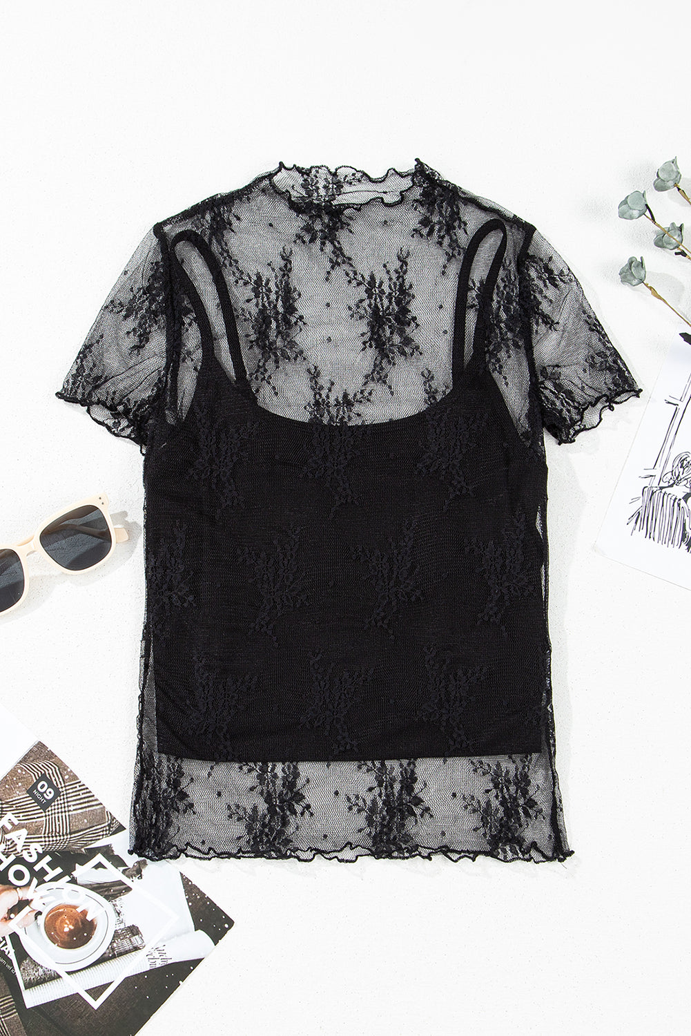 2 Piece Layered Black Floral Lace Sheer Short Sleeve Mock Neck Blouse