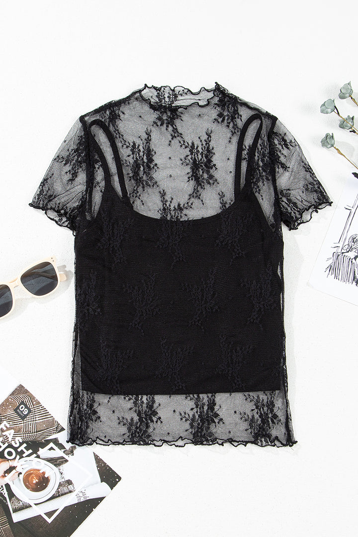 2 Piece Layered Black Floral Lace Sheer Short Sleeve Mock Neck Blouse