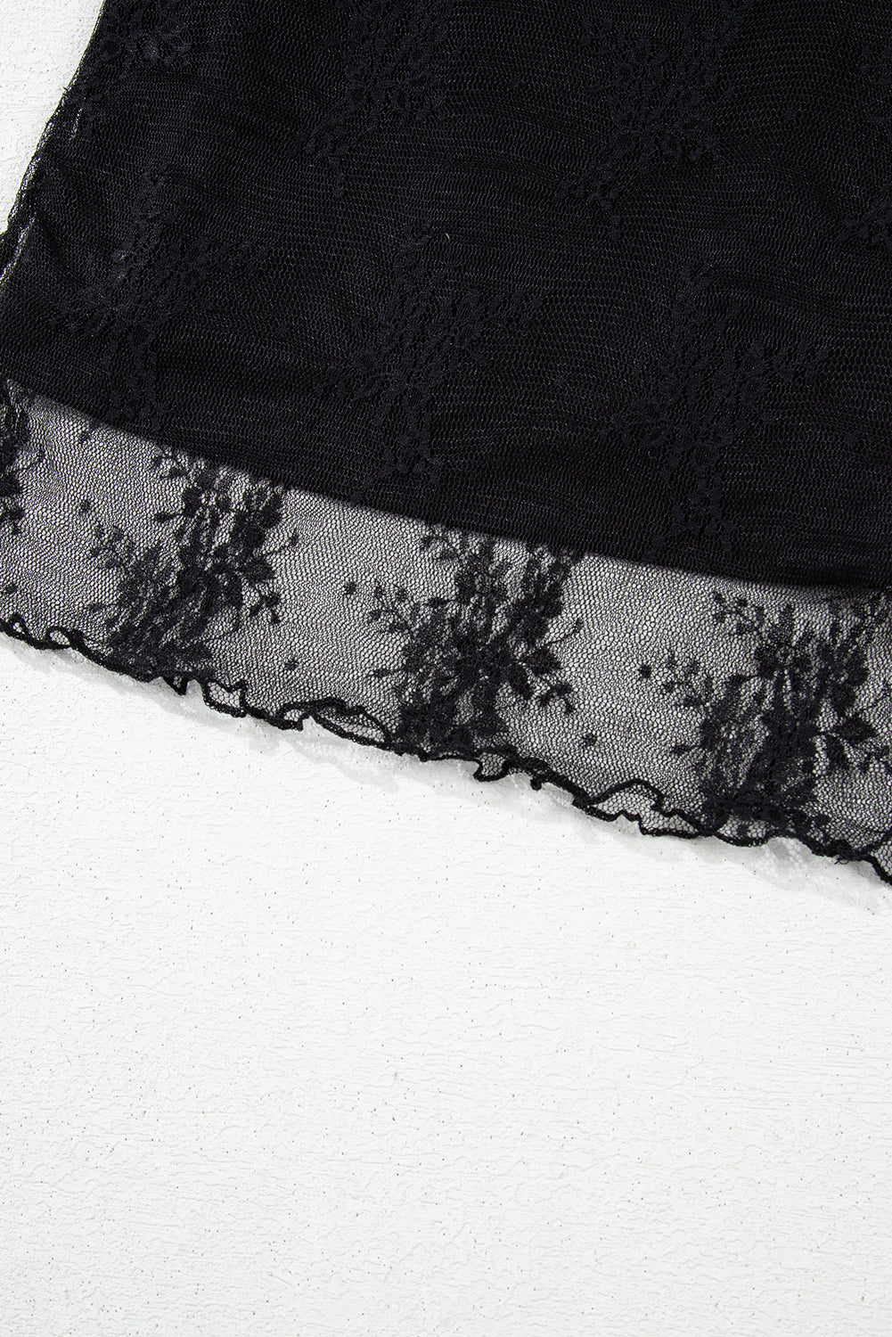 2 Piece Layered Black Floral Lace Sheer Short Sleeve Mock Neck Blouse