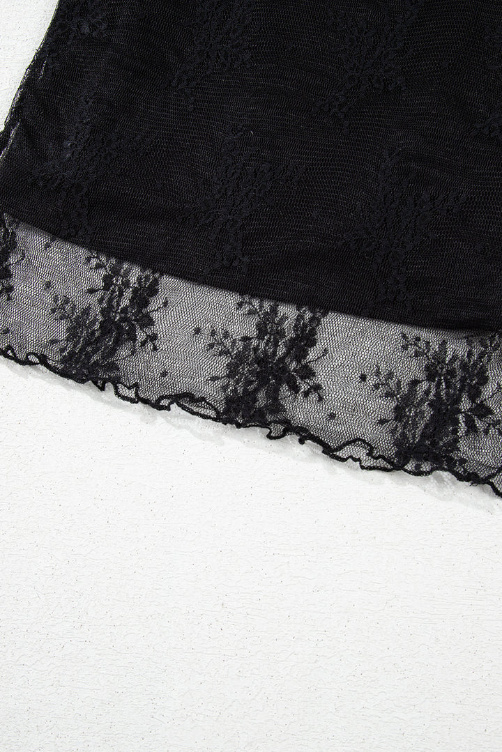 2 Piece Layered Black Floral Lace Sheer Short Sleeve Mock Neck Blouse