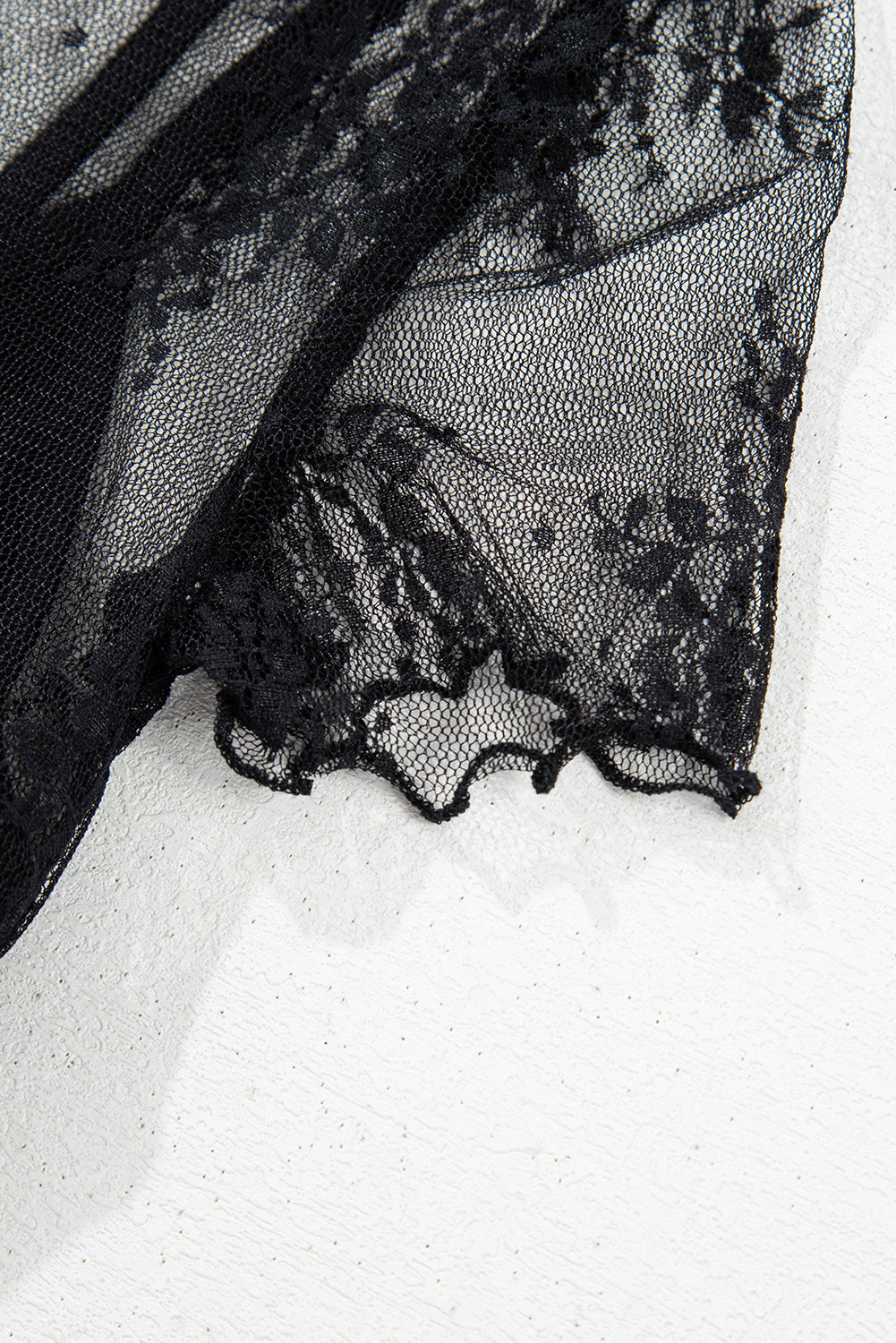 2 Piece Layered Black Floral Lace Sheer Short Sleeve Mock Neck Blouse