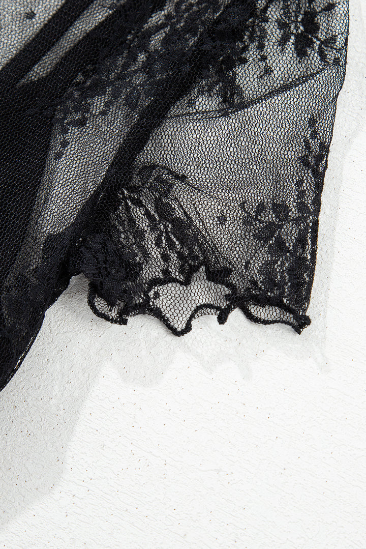 2 Piece Layered Black Floral Lace Sheer Short Sleeve Mock Neck Blouse
