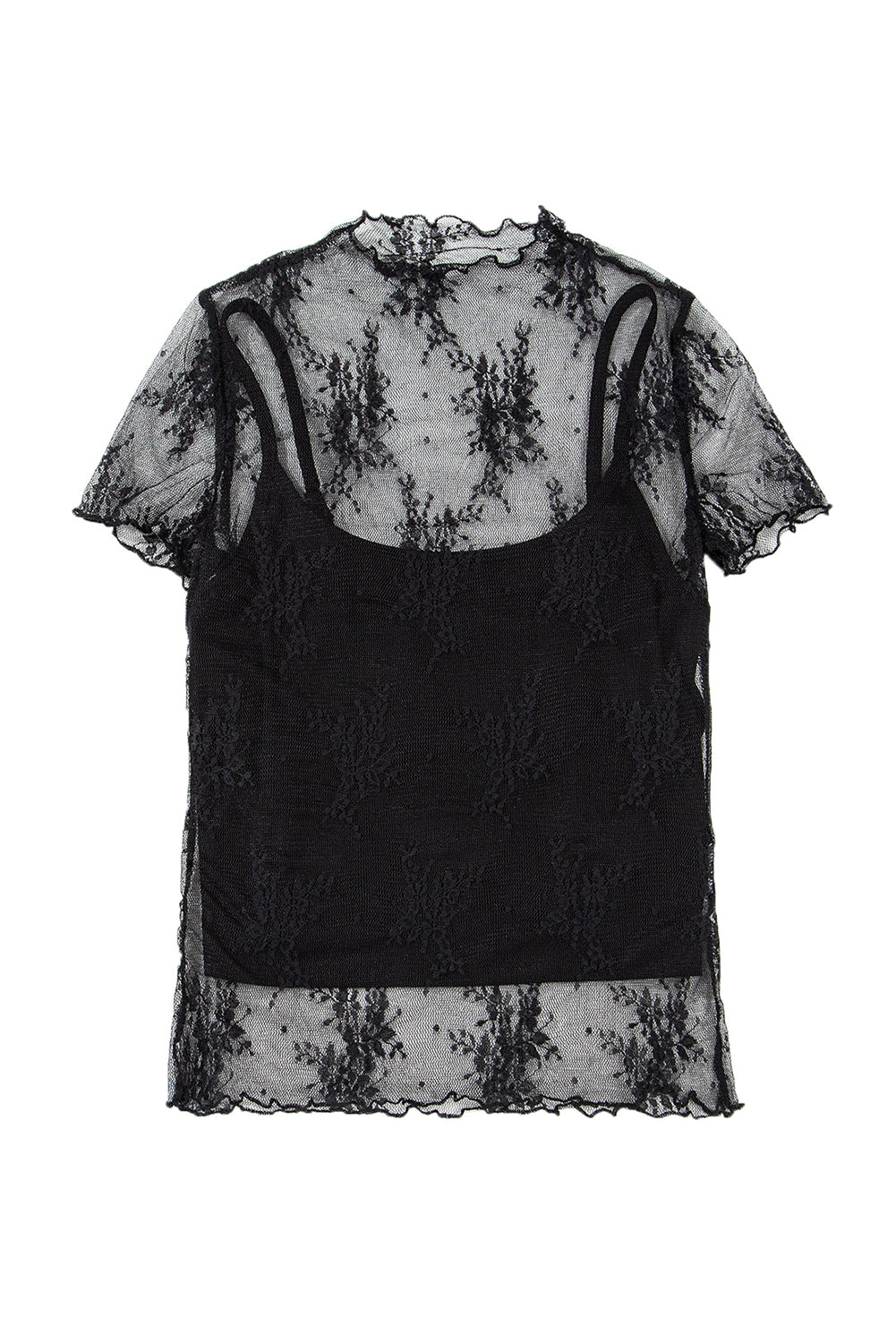 2 Piece Layered Black Floral Lace Sheer Short Sleeve Mock Neck Blouse