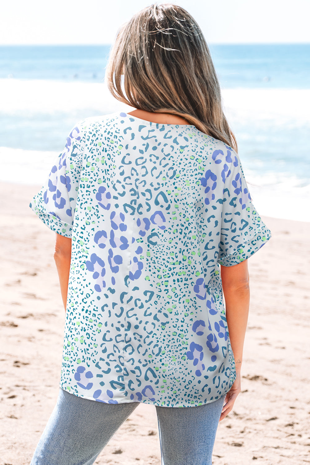 Coastal Confetti Leopard V-Neck Top (Sea Mist Mix)