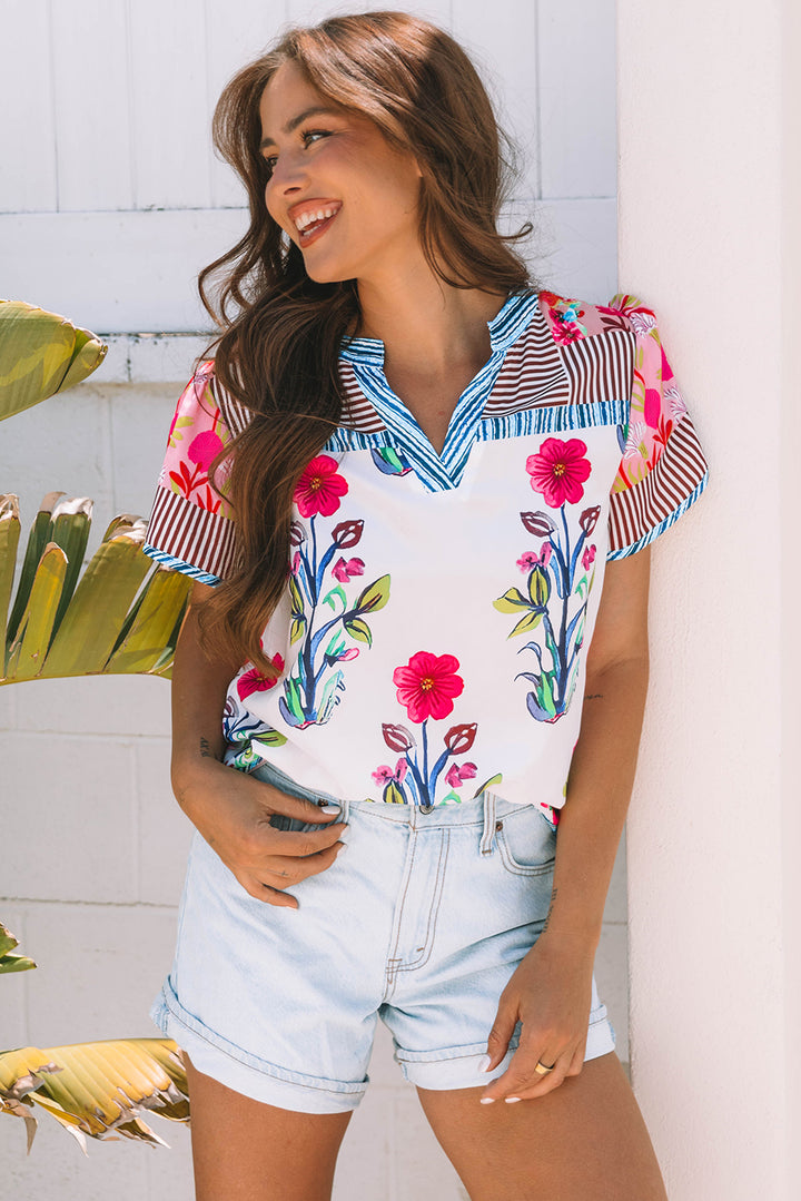 Paradise Bloom Mixed-Print Notch-Neck Top