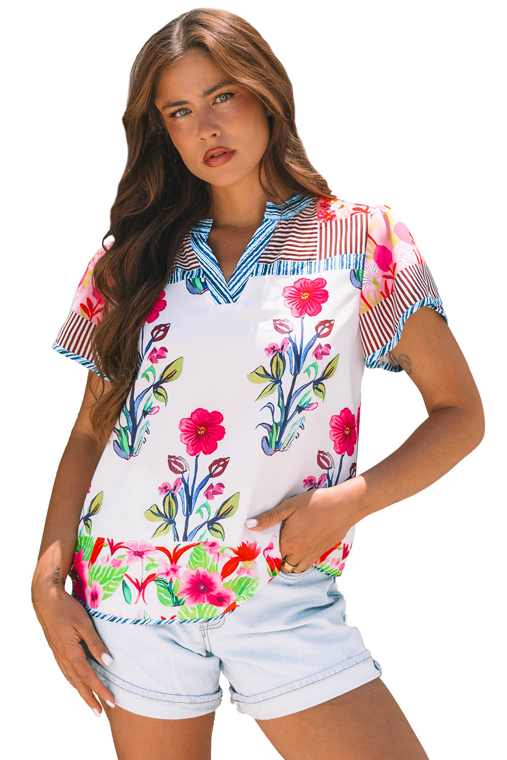 Paradise Bloom Mixed-Print Notch-Neck Top