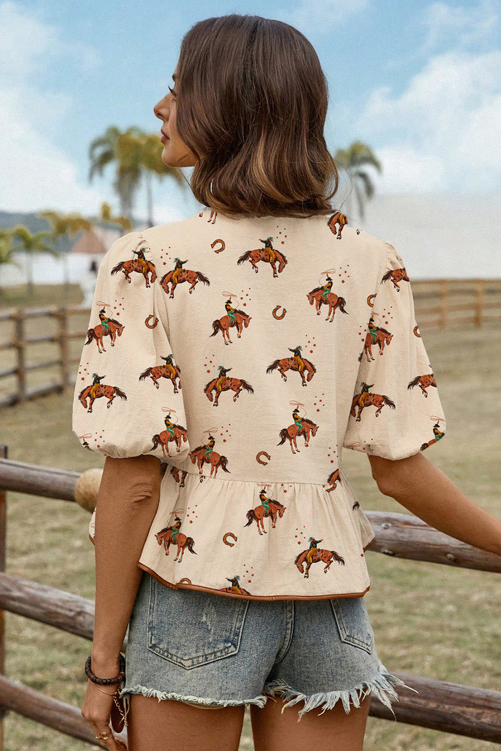 Saddle Up Sugar Puff Sleeve Horse Print Blouse