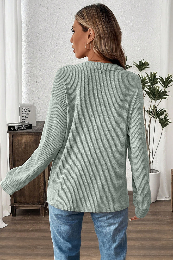 Cozy Sage Rib Henley – “Morning Brew” Pullover