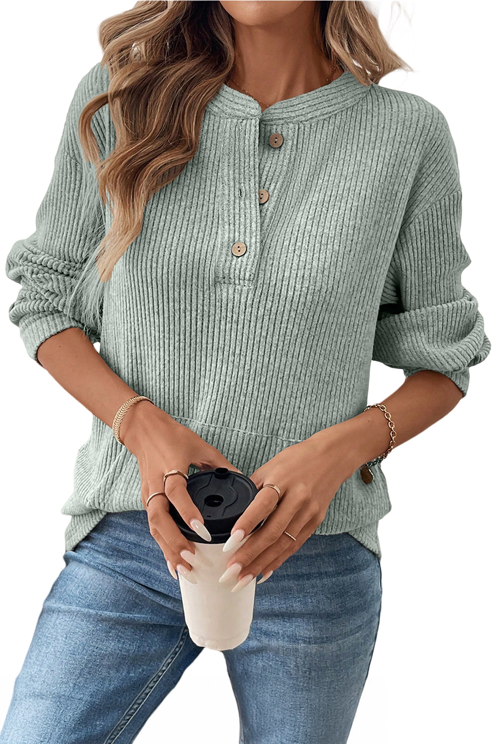 Cozy Sage Rib Henley – “Morning Brew” Pullover
