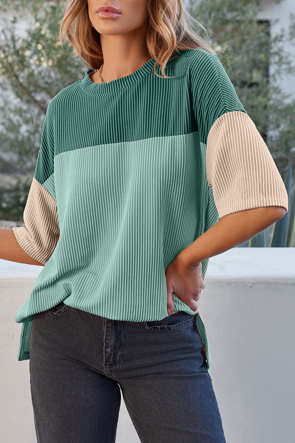 Evergreen Coast Colorblock Ribbed Top 🌿