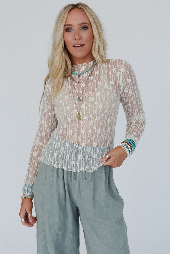 Whimsical Bloom Lace Mesh Top – White Floral