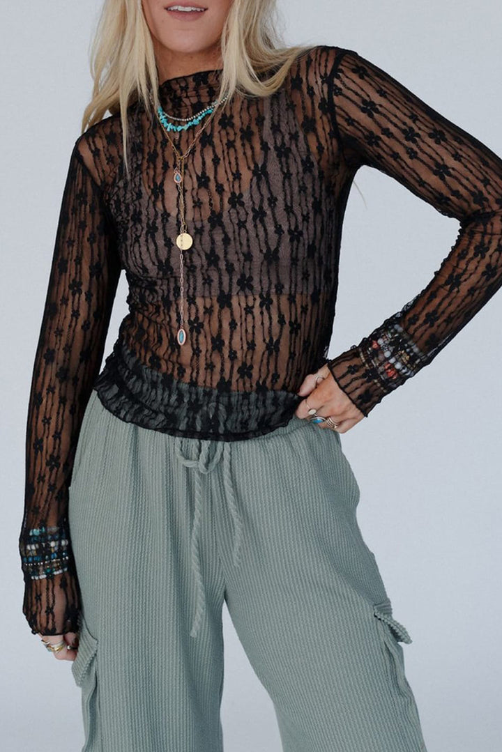 Midnight Bloom Sheer Lace Top – Black Floral Mesh Long Sleeve