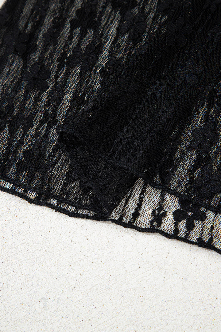 Midnight Bloom Sheer Lace Top – Black Floral Mesh Long Sleeve