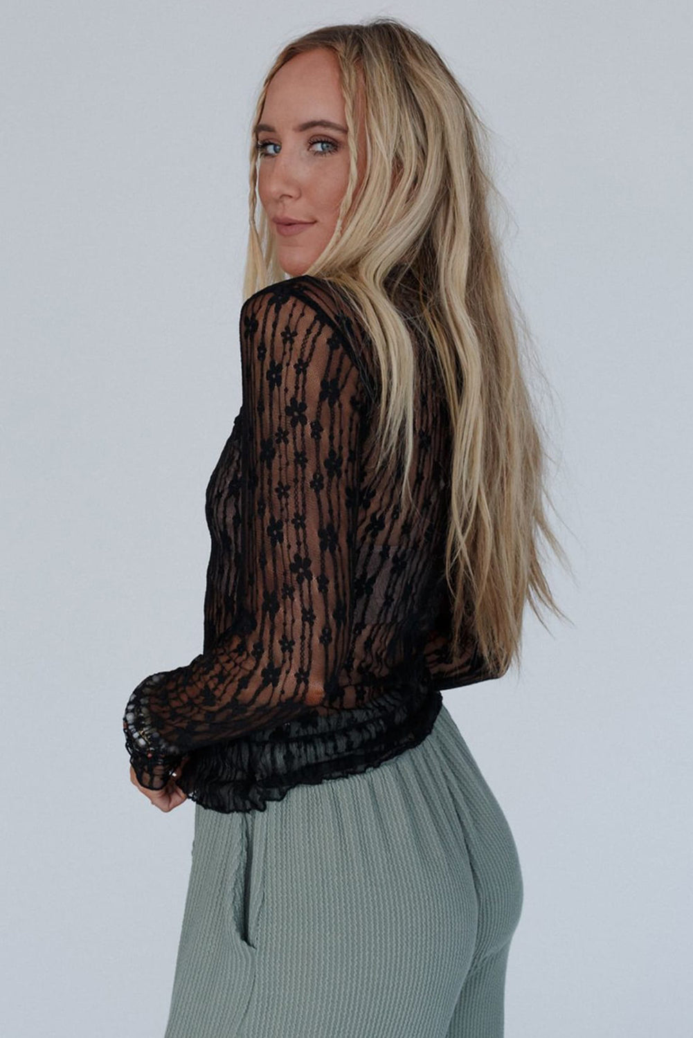 Midnight Bloom Sheer Lace Top – Black Floral Mesh Long Sleeve