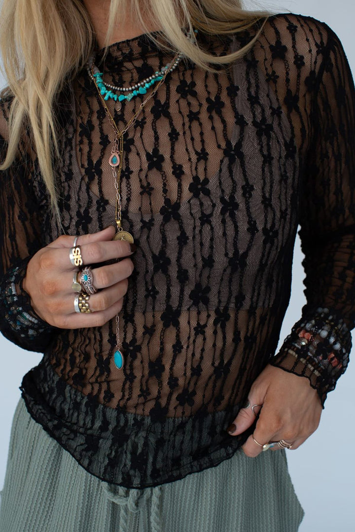 Midnight Bloom Sheer Lace Top – Black Floral Mesh Long Sleeve