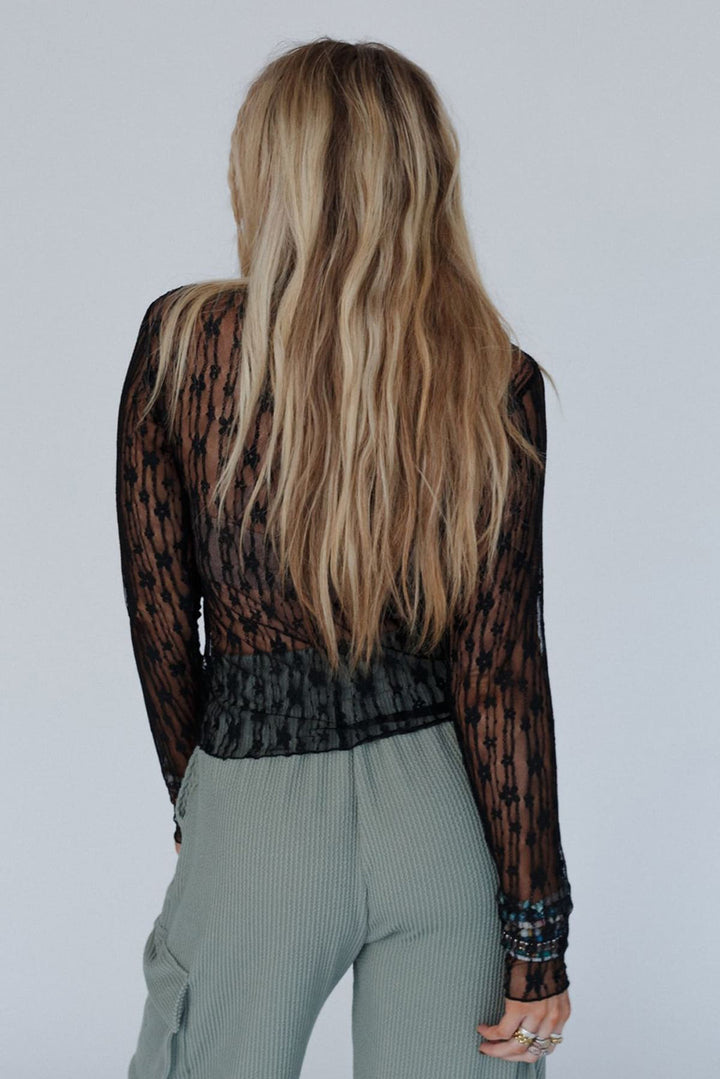 Midnight Bloom Sheer Lace Top – Black Floral Mesh Long Sleeve