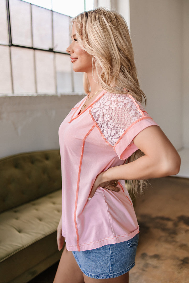 Sugar-Glow Lace-Back V-Neck Tee (Apricot)
