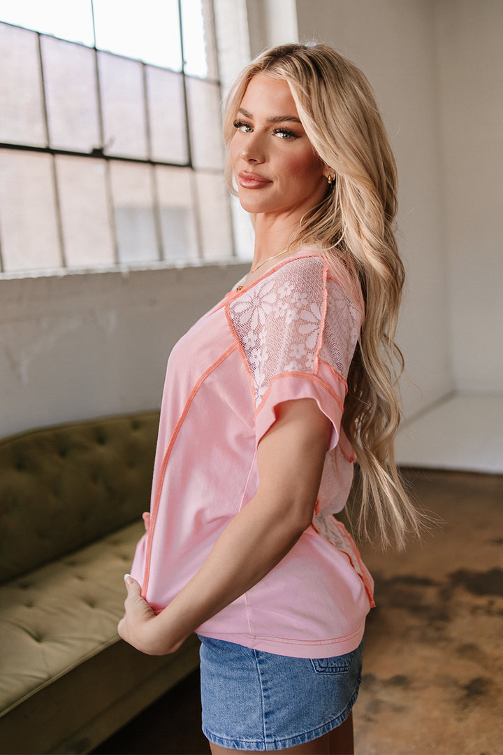 Sugar-Glow Lace-Back V-Neck Tee (Apricot)