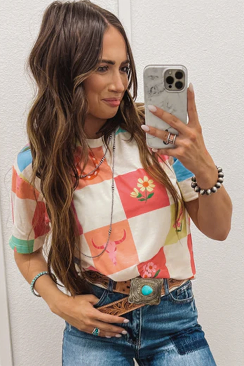 Blossom Checkerboard Western Tee 🌼🤠