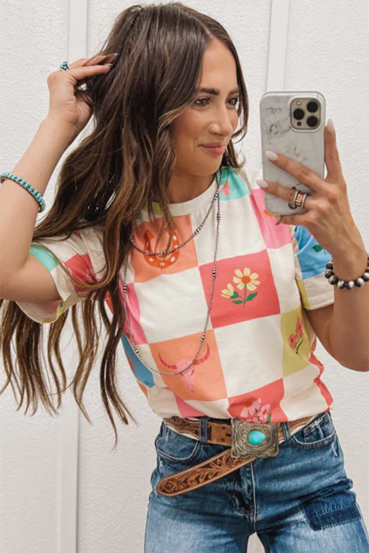 Blossom Checkerboard Western Tee 🌼🤠