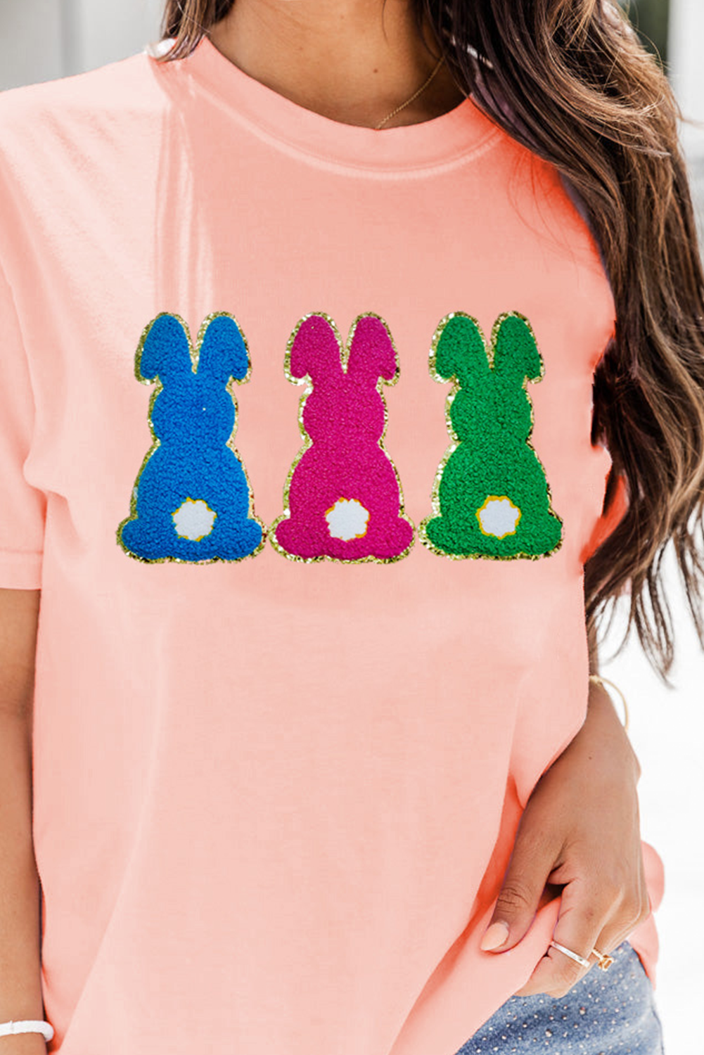 Peachy Pink Easter Bunny Chenille Graphic Tee