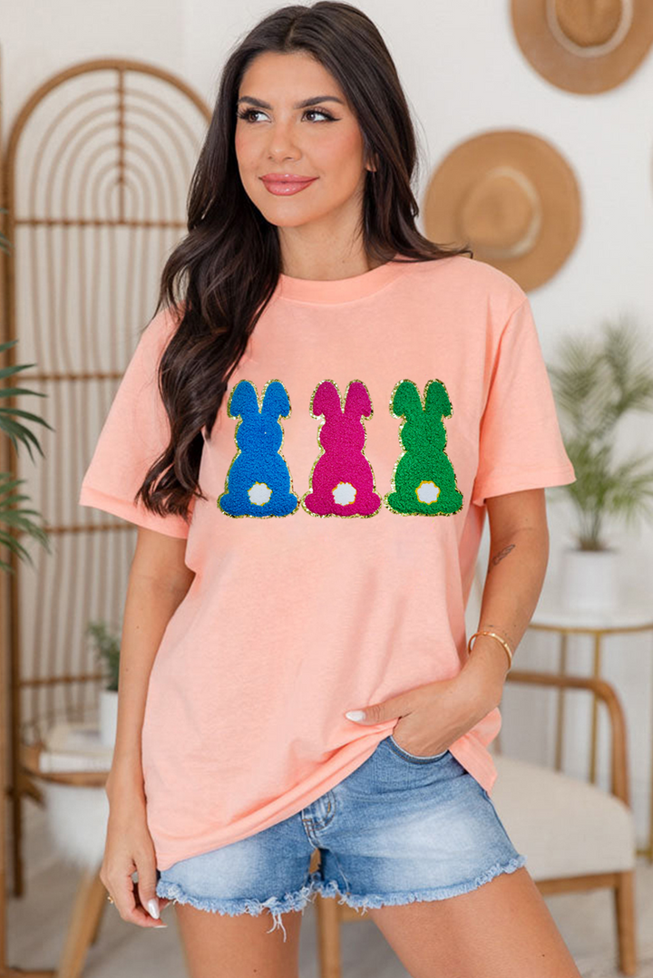 Peachy Pink Easter Bunny Chenille Graphic Tee