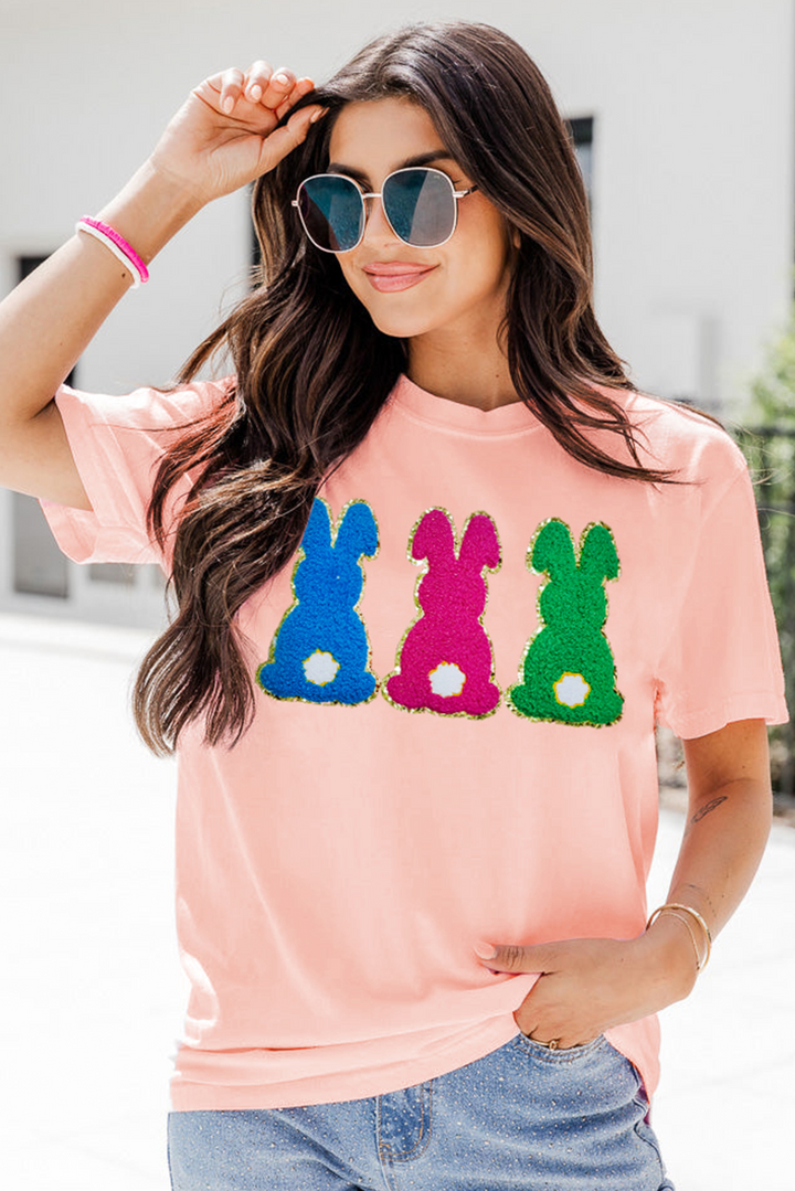 Peachy Pink Easter Bunny Chenille Graphic Tee