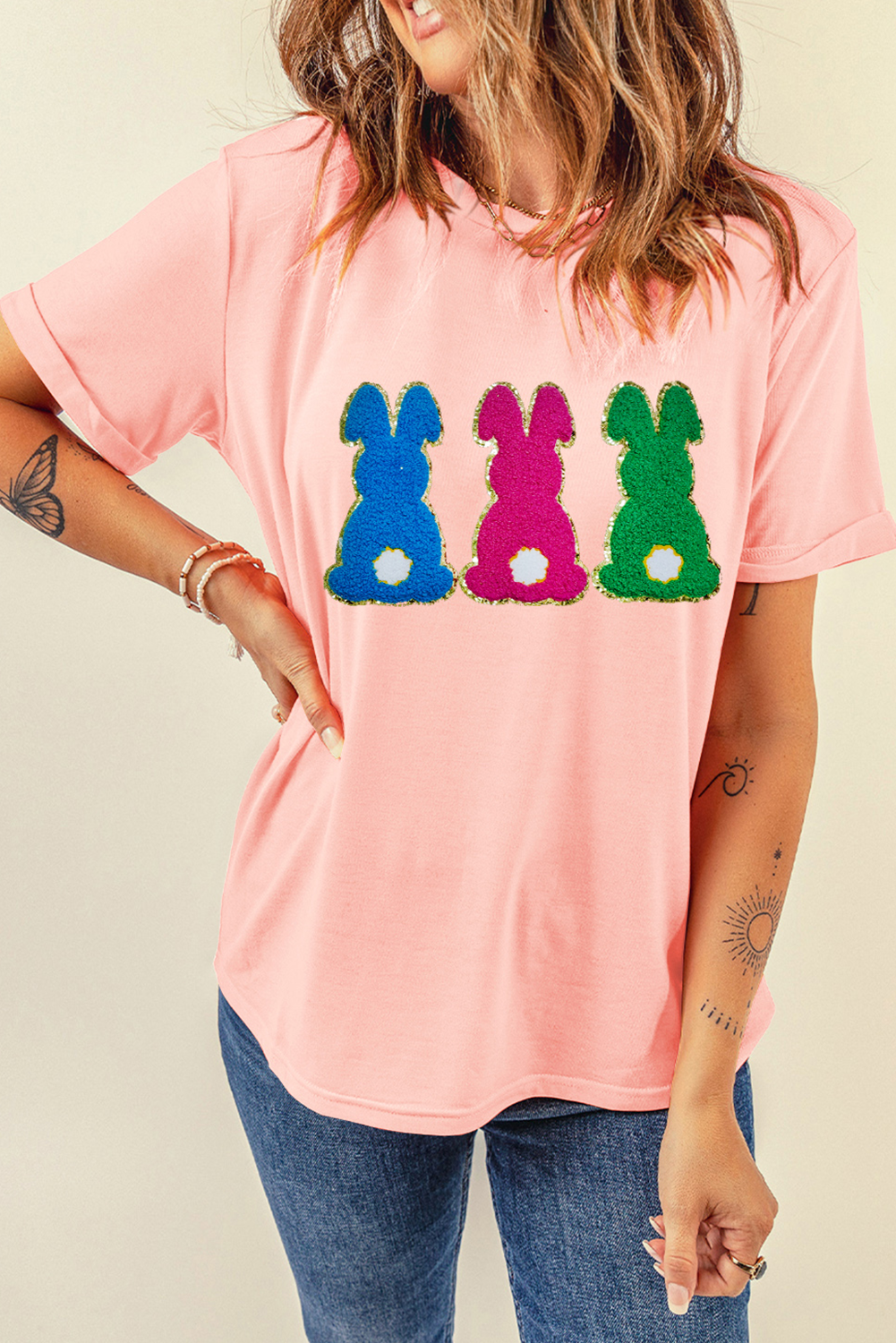 Peachy Pink Easter Bunny Chenille Graphic Tee