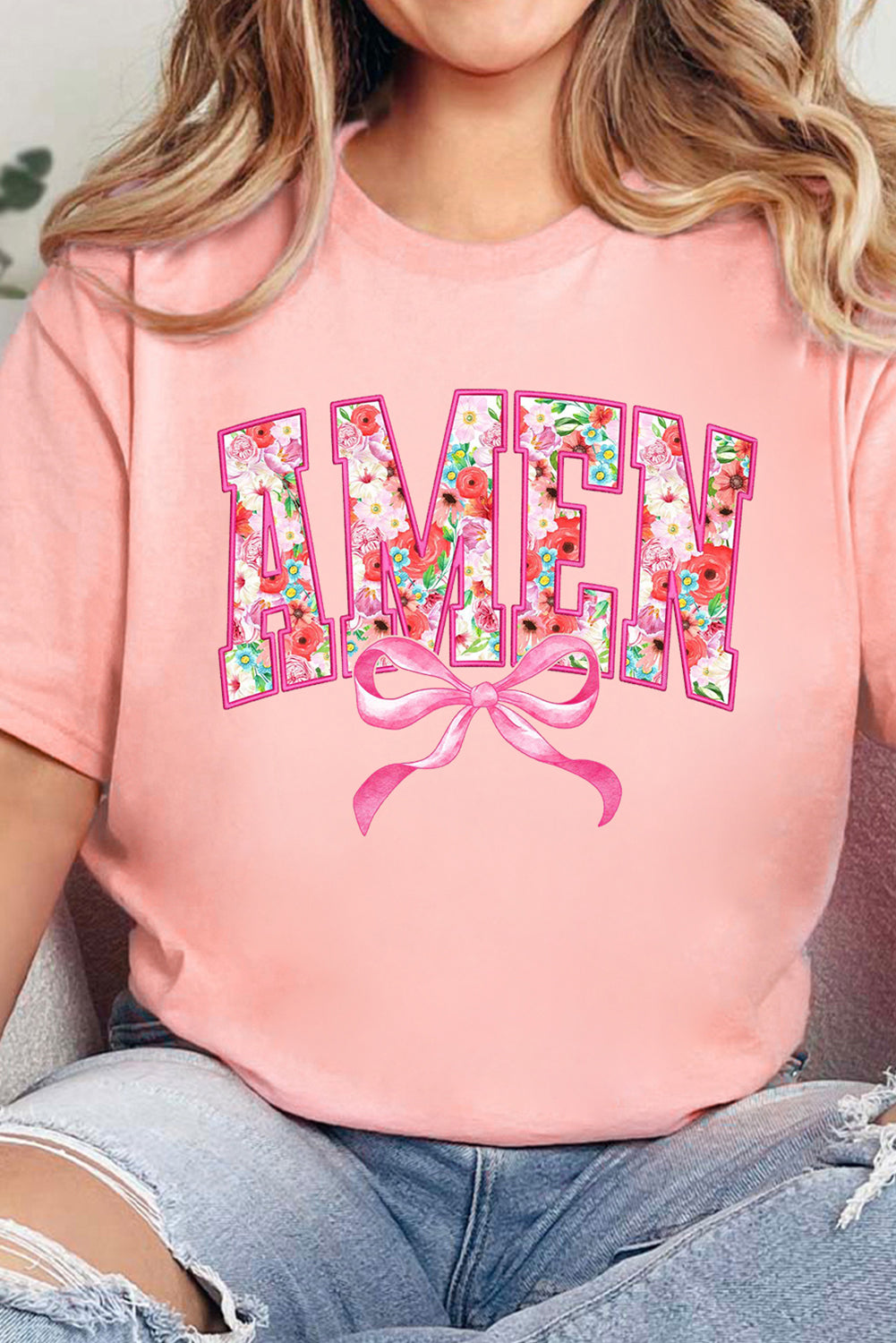 Peach Floral AMEN Bow Graphic Crewneck T Shirt