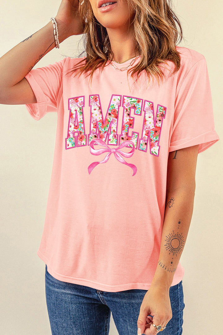 Peach Floral AMEN Bow Graphic Crewneck T Shirt