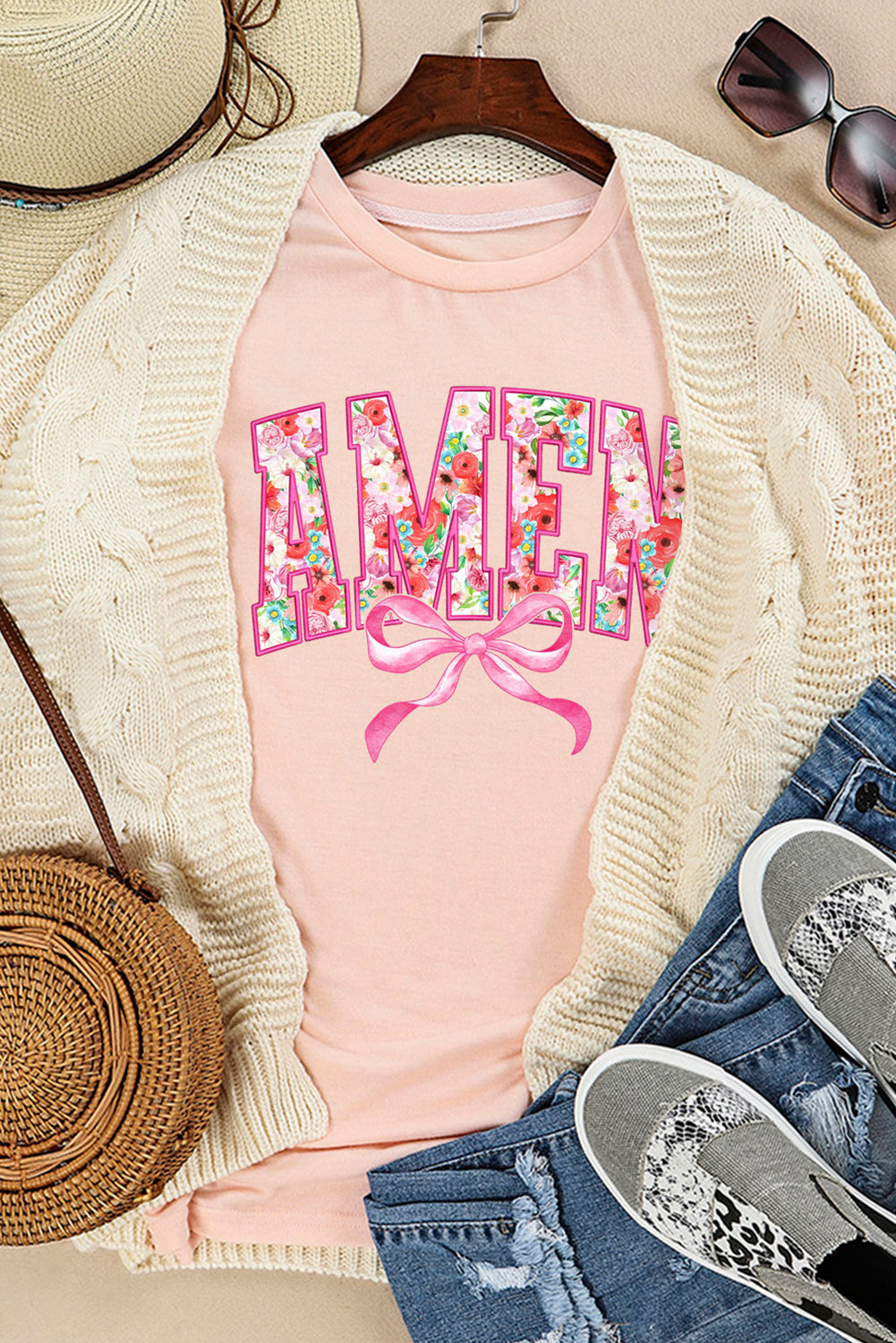 Peach Floral AMEN Bow Graphic Crewneck T Shirt
