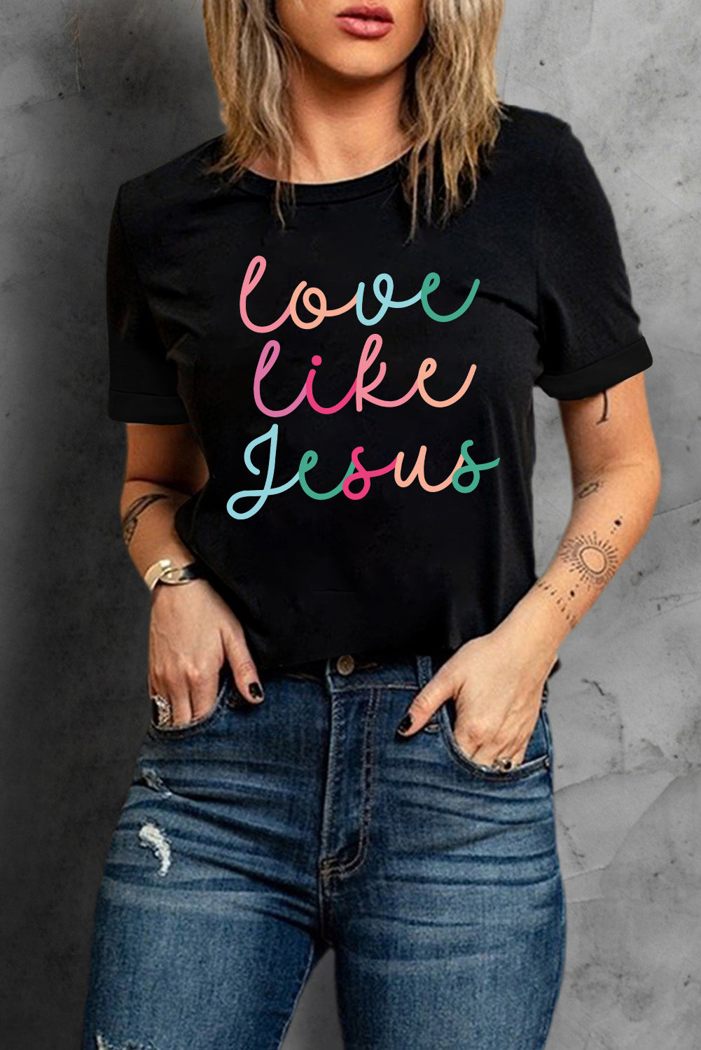 Love Like Jesus Rainbow Script Tee (Black)