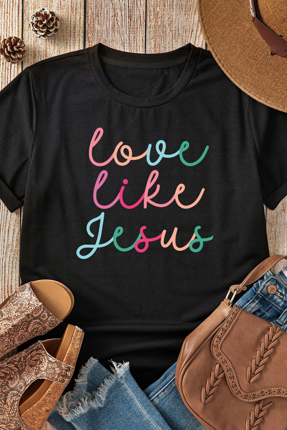 Love Like Jesus Rainbow Script Tee (Black)