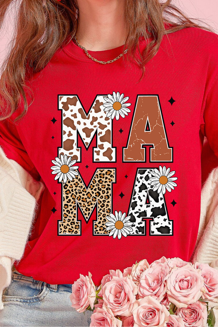 Wildflower MAMA Graphic Tee — Red (Cowprint • Leopard • Daisies)