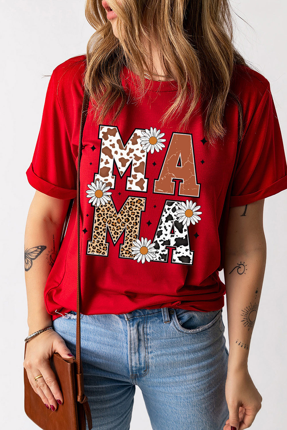 Wildflower MAMA Graphic Tee — Red (Cowprint • Leopard • Daisies)