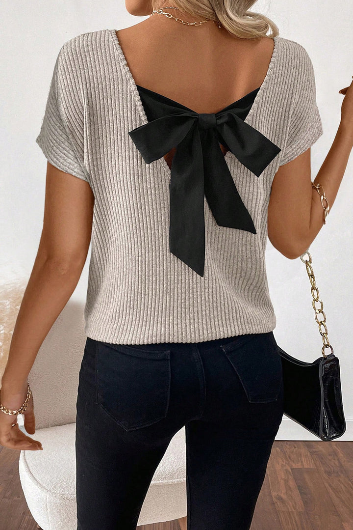 Back to Chic Ribbed Knit Top – Taupe + Black Bow Detail