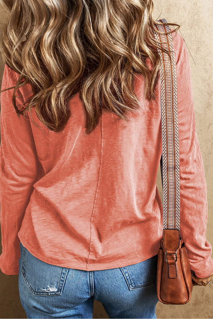 Petal Pop Coral Appliqué V-Neck Long Sleeve Tee