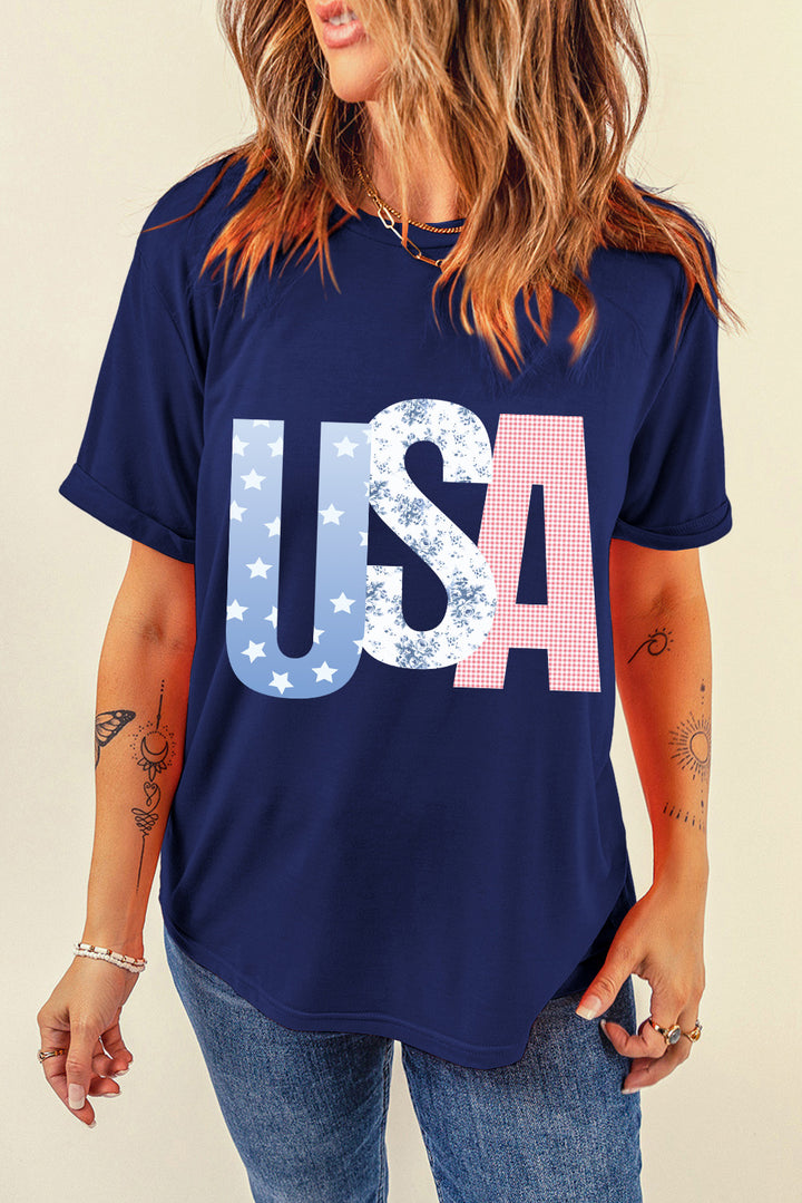 USA Patchwork Letters Navy Graphic Tee — Limited Boutique Drop 🇺🇸✨
