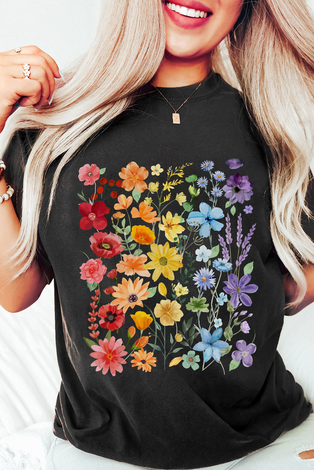 Flower Market Graphic Tee – Black Rainbow Bloom