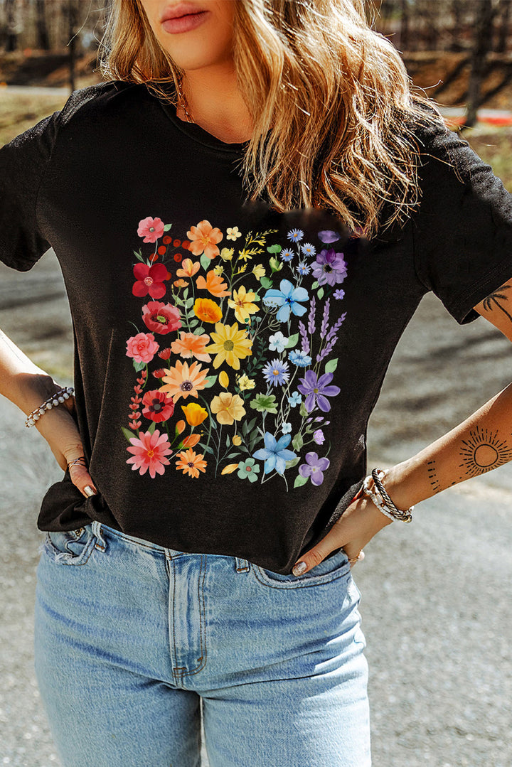 Flower Market Graphic Tee – Black Rainbow Bloom