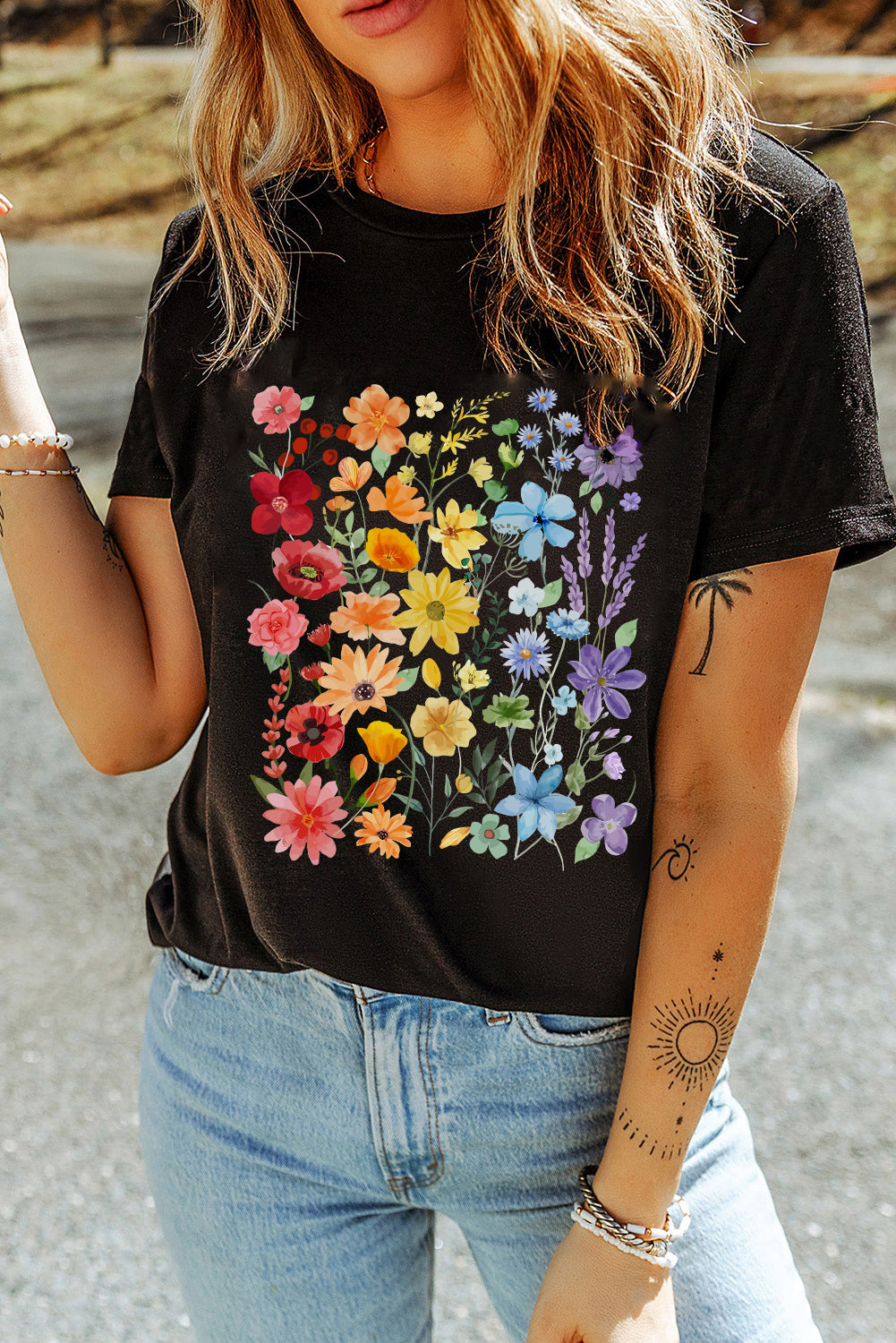 Flower Market Graphic Tee – Black Rainbow Bloom