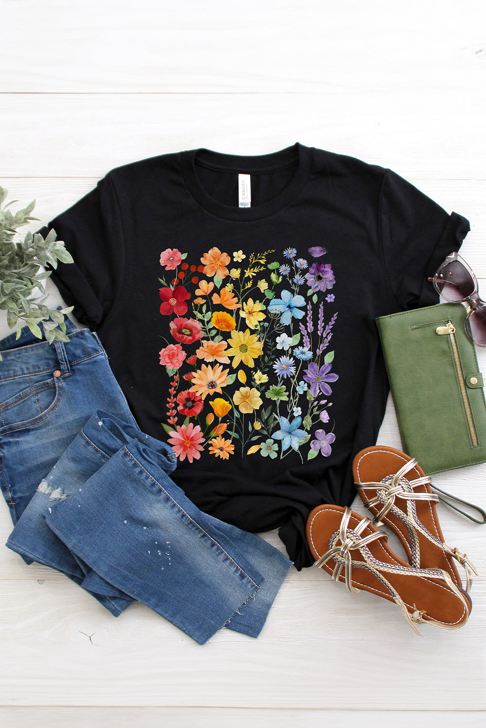 Flower Market Graphic Tee – Black Rainbow Bloom