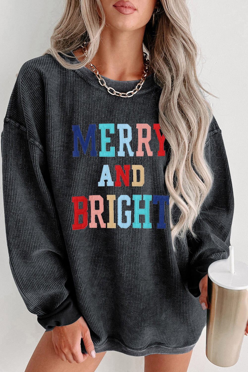 Merry & Bright Corded Sweatshirt – Charcoal