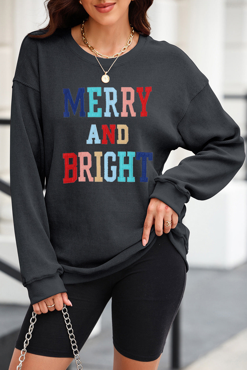 Merry & Bright Corded Sweatshirt – Charcoal