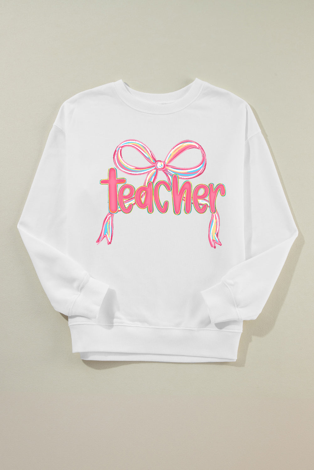 Class Act Bow Teacher Sweatshirt – Pink Rainbow Script