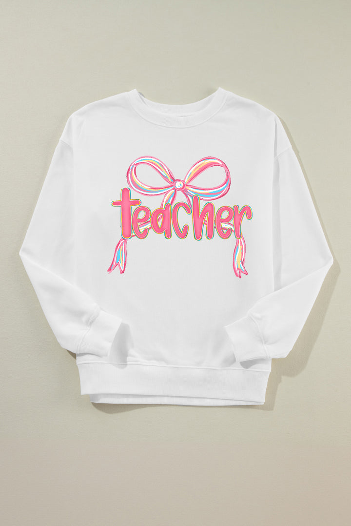 Class Act Bow Teacher Sweatshirt – Pink Rainbow Script
