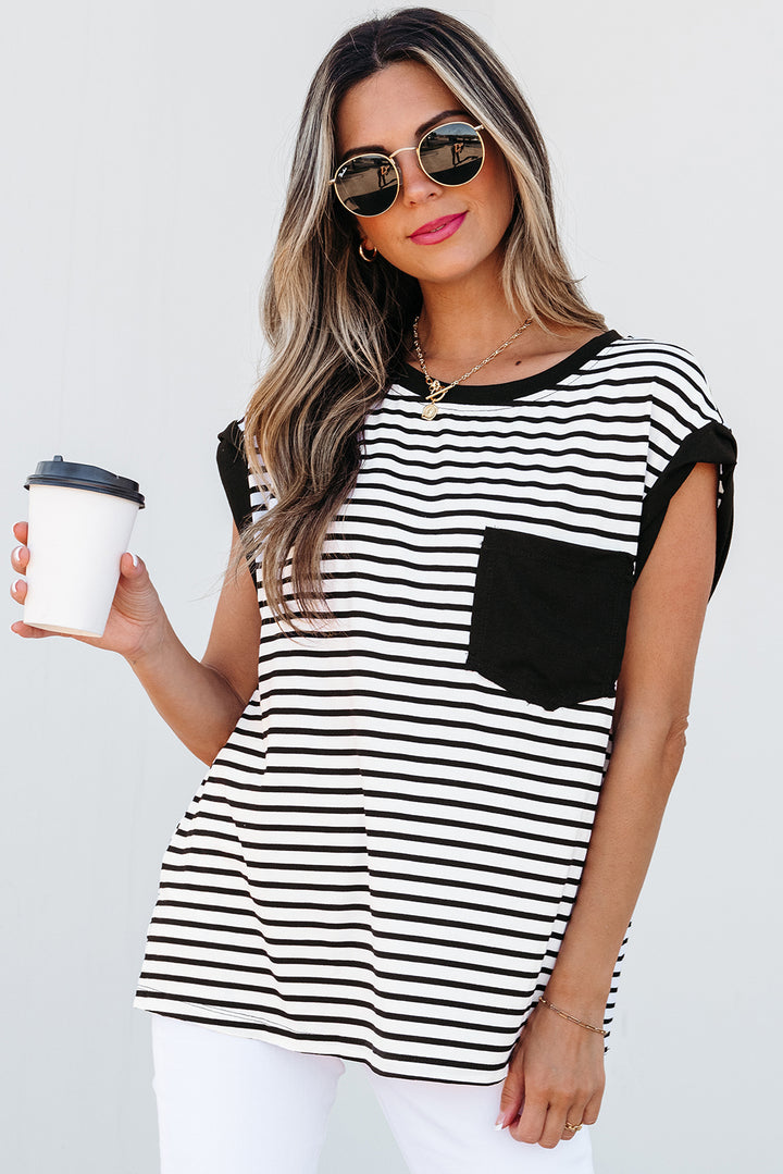Classic Stripes & Contrast Pocket Tee – Black & White Bold