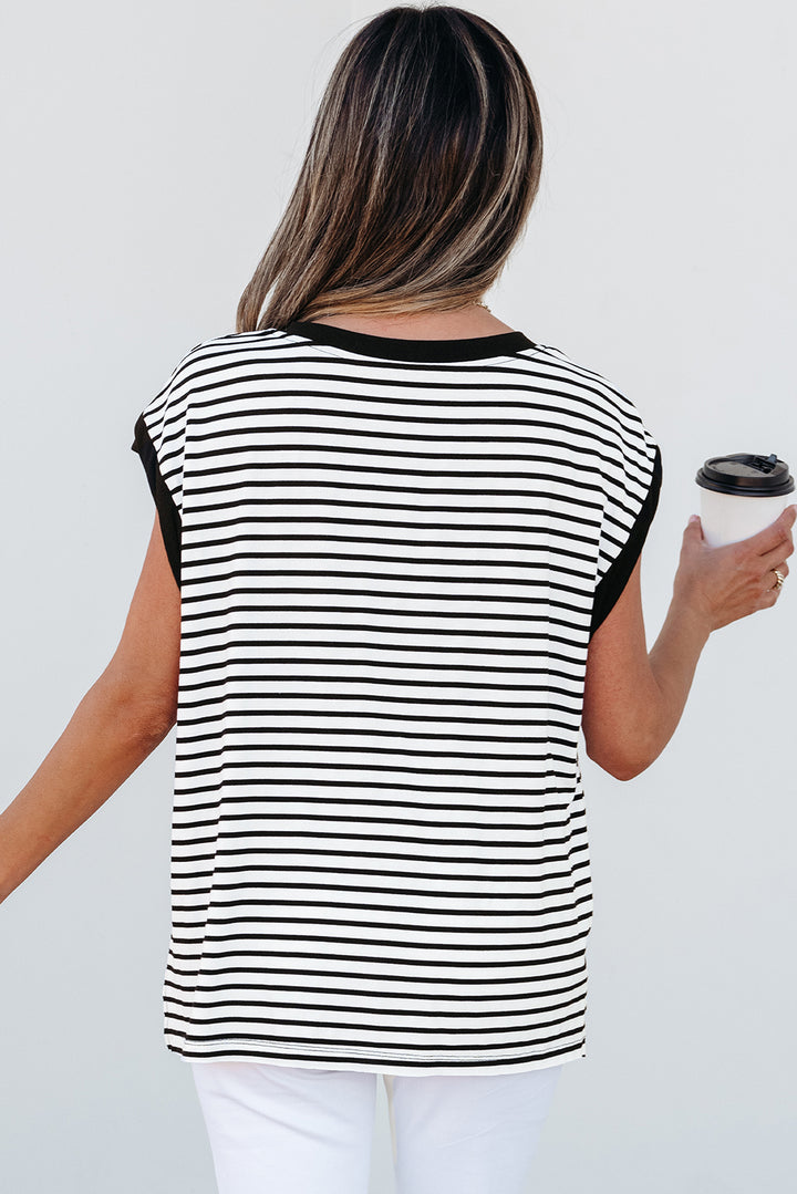 Classic Stripes & Contrast Pocket Tee – Black & White Bold
