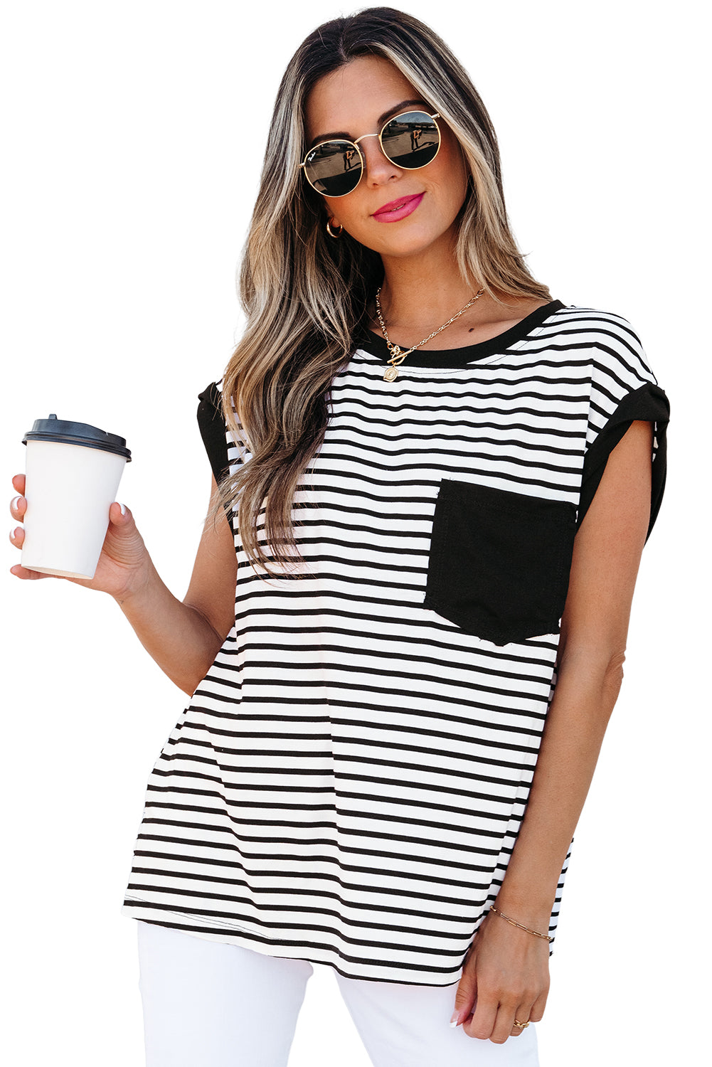 Classic Stripes & Contrast Pocket Tee – Black & White Bold
