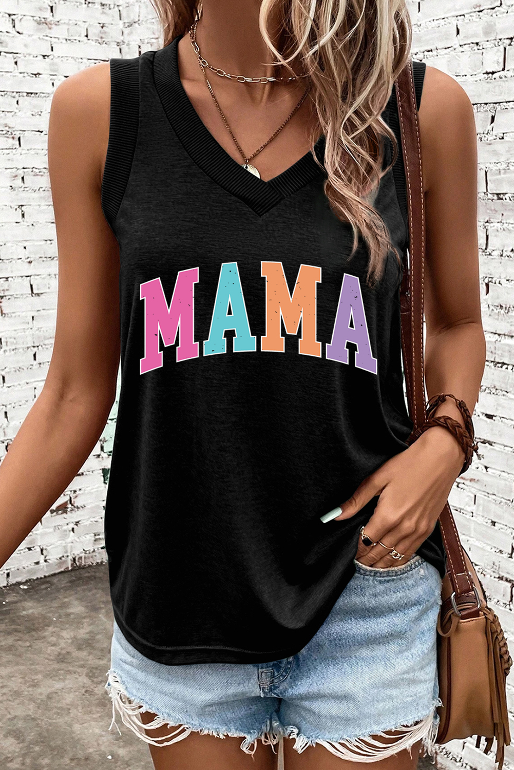 Colorful “MAMA” V-Neck Tank (Black)